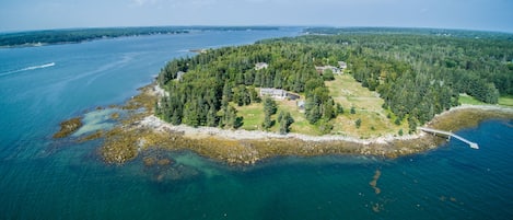 Aerial view of the home at the tip of Howard Point.