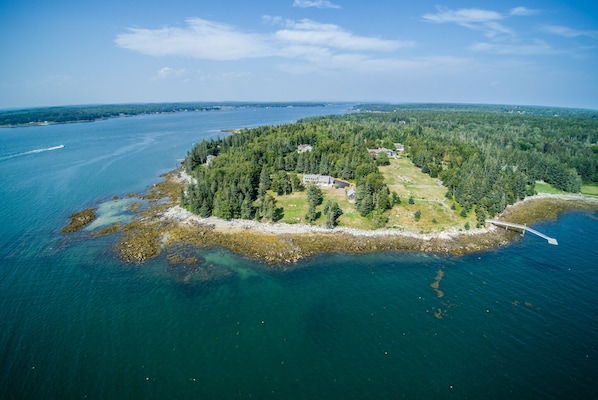 Aerial view of the home at the tip of Howard Point.