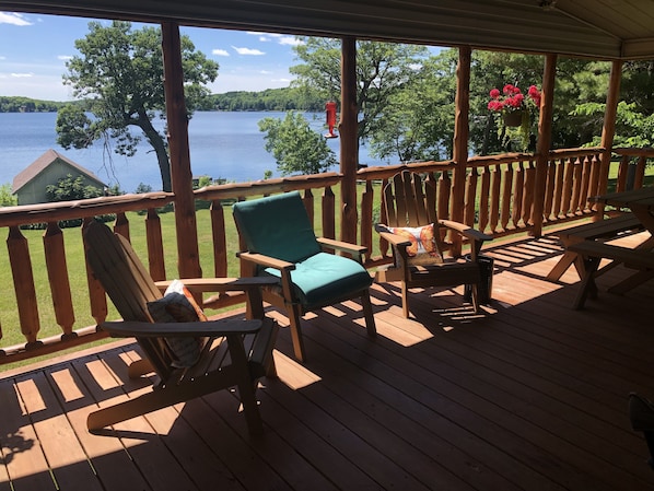 Front porch with elevated views of Big Pine Lake
