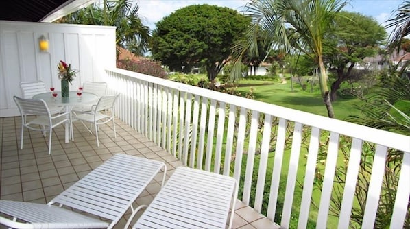 View from deck, very private corner unit with tropical garden views