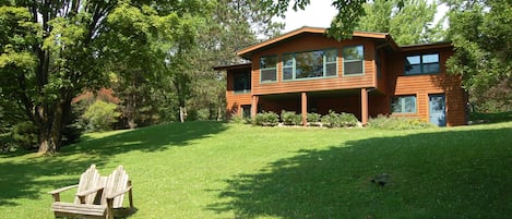 Back view of the lodge. All windows face lake.