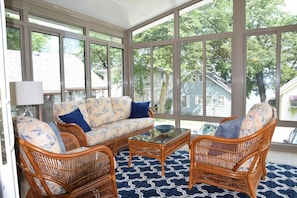 Lakeside porch seating area. 