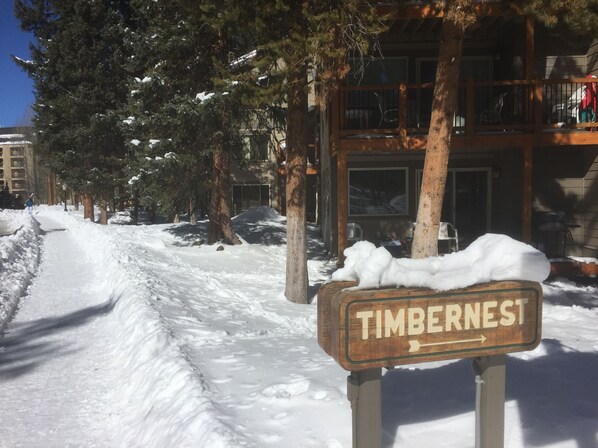 Outside our 1st floor unit.  Timbernest is ~250 yards from ski-lift or Main St.