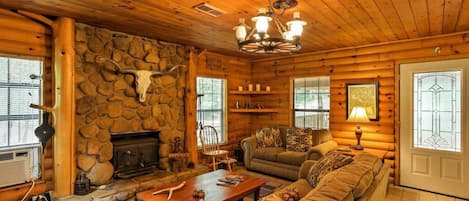 Living Room with wood burning fireplace 