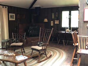 Main living area, wood stove in corner