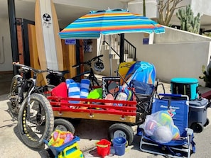 Free bikes (fat and regular)! We provide everything you need to enjoy San Clemente at no charge: Bikes and helmets, Boogie Boards, Beach Chairs, Beach Towels, Umbrella, a wagon, a cooler, beach paddleball, and even yoga mats.