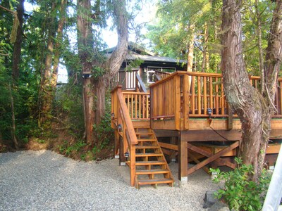 Forest View Cabin Private Hot tub located across from Cox Bay Beach