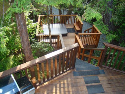 Forest View Cabin Private Hot tub located across from Cox Bay Beach