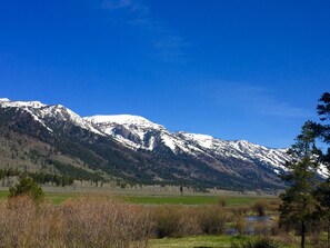 Direct Teton Mountain view from private deck of condo,  and Fish Creek.