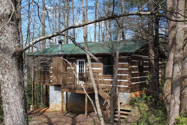 Treehouse cabin is literally nestled in the trees! Cozy and secluded.