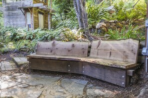 Redwood Slab bench on the BBQ patio