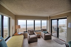 Living room views are panoramic. Swivel chairs are great for viewing the beach.
