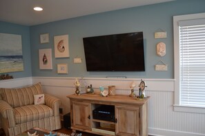 Living room with smart flat screen TV and entertainment system  