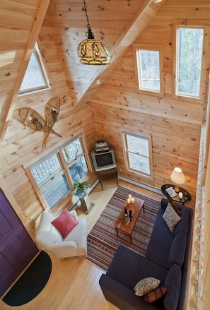 View of great room from loft balcony