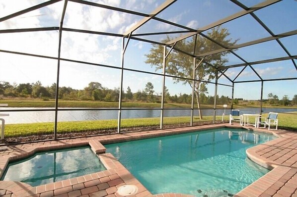 West facing private pool and spa with gorgeous water view