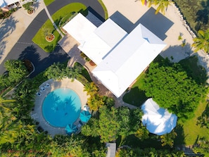 Ariel view of Layton House with Pool, & Gazebo nestled in the tropical landscape