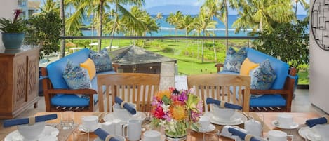 Ocean View Outdoor Covered Veranda and Dining Area with Teak Furniture