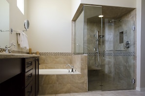 The Primary Bathroom with glassed in shower and soaking tub