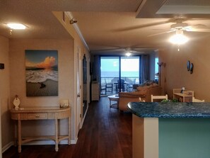 View from entryway. All new floors, paint and quartz countertop!