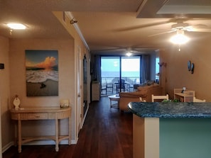 View from entryway. All new floors, paint and quartz countertop!