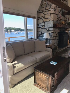 Sofa, fireplace, views in living room