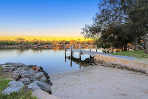 Our jetty to moor your boat with a fabulous little beach for the kids to play.