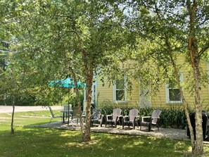 Side yard, shaded by birch trees