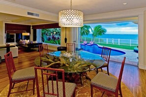 Indoor ocean view dining. 