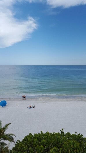 The pristine beach is steps away from the pool and patio. 