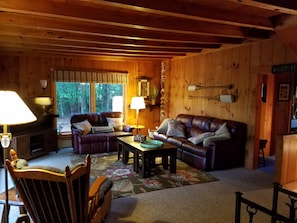 Stools tuck under coffee table - perfect for game night! (Games included :)