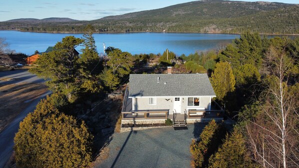 Ariel view of our vacation unit, The Command Post, over looking Somes Sound