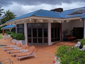 Pool side ,facing master private patio and the great room . 
