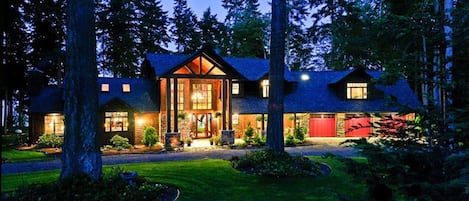 The facade of the Soaring Eagle Lodge at twilight shows its grandeur.