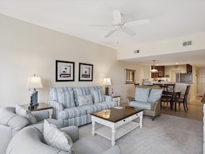 Living Room, Dining Area and Kitchen at 402 Captains Walk