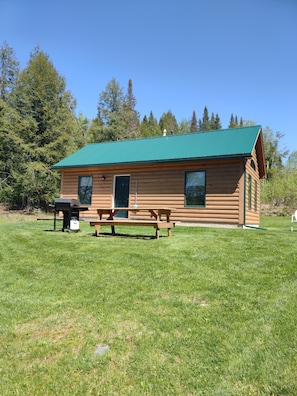 Spacious front lawn area with a gas grill and picnic table.