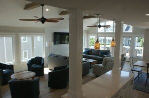 There is a bar area near the living room.