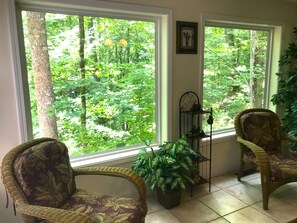 Large picturesque windows in sunroom.