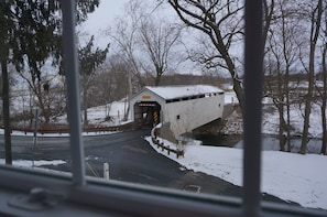 Views of bridge through window.