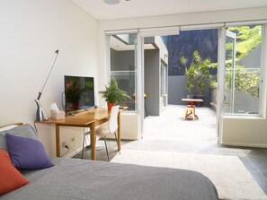 View from the back wall of the studio, looking onto the large shared patio