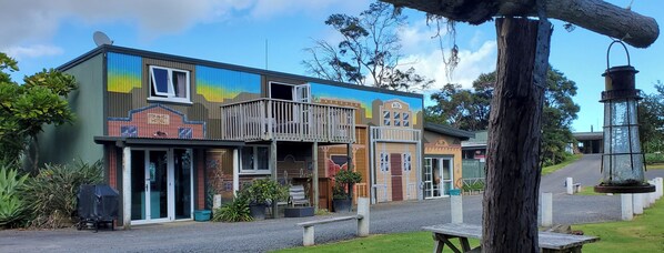 Looking at accommodation from outdoor bar
