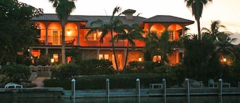 View of Casa del Sol from the water at dusk.