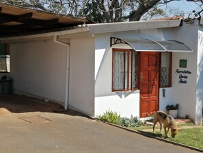 The carport, front entrance and Gus the dog.