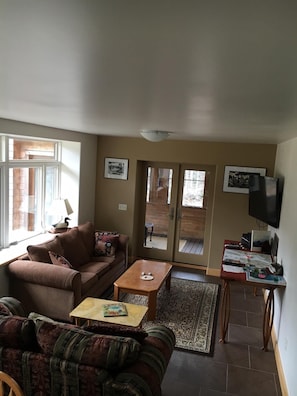 Living area, hdtv, with DIRECTV, sleeper sofa on left, french doors to porch.
