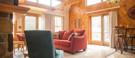 Light filled living room with a pull out sofa bed (Queen) & sliders to the deck