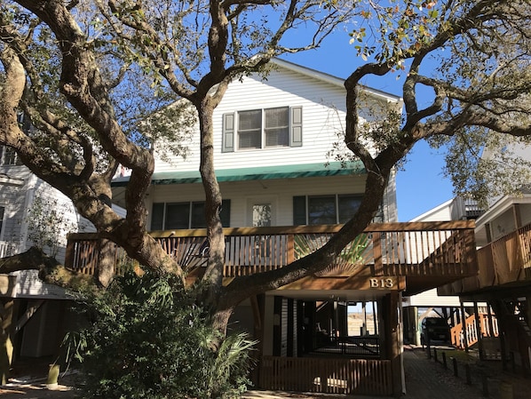 Street View -  Front Deck with Awning for dry entry on wet days. 