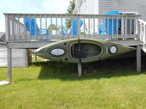 Easy access to Kayaks in deck hangers. 