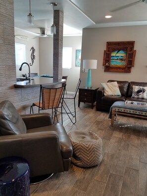 Living Room - From Hallway - Custom tile, leather sofa and chairs

