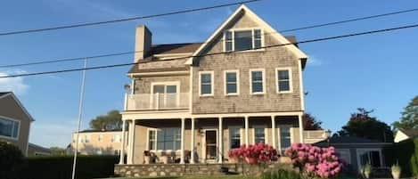 Exterior view, front porch, decks 