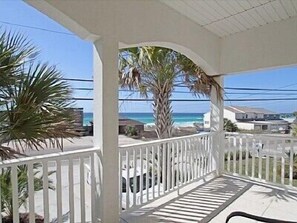 Spacious balcony with a view.