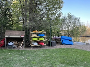 Eight kayaks, one canoe, one canoe, one paddle boat